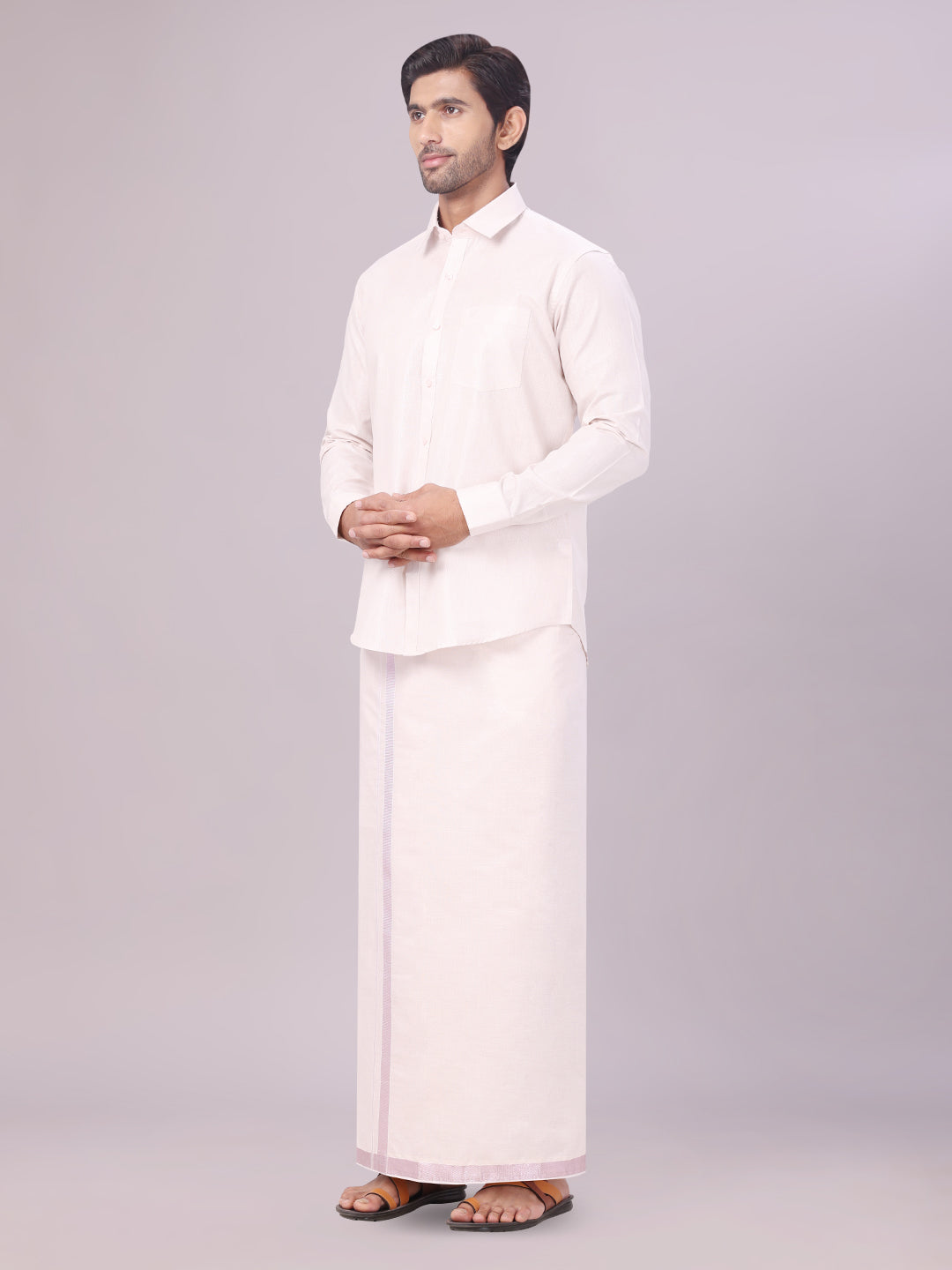 Men's Light Rose Color Tissue Shirt with Jari Dhoti Combo side pose