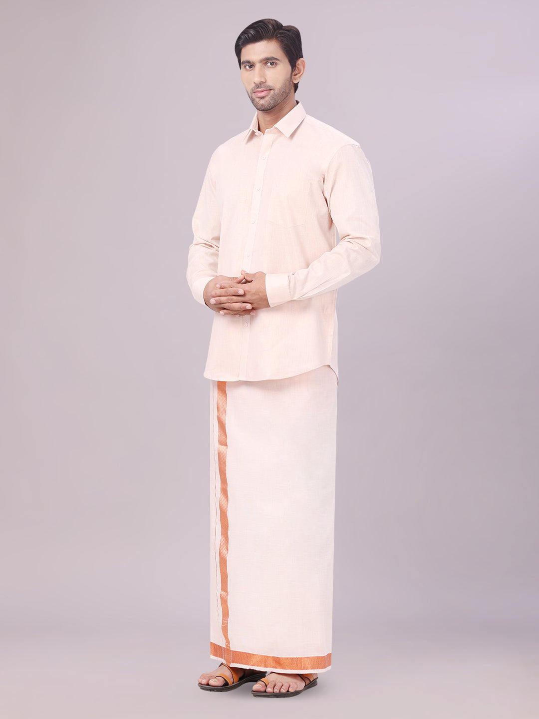 Men's Copper Color Tissue Shirt with Jari Dhoti Combo side pose