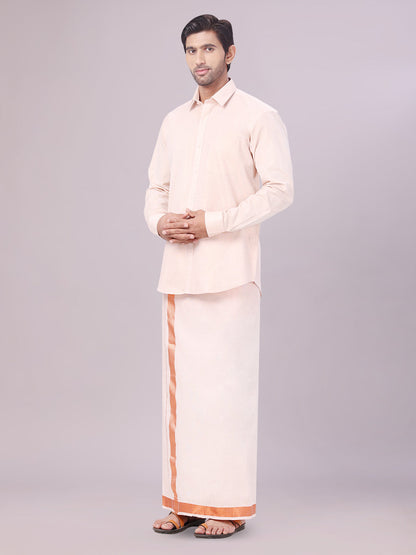 Men's Copper Color Tissue Shirt with Jari Dhoti Combo side pose