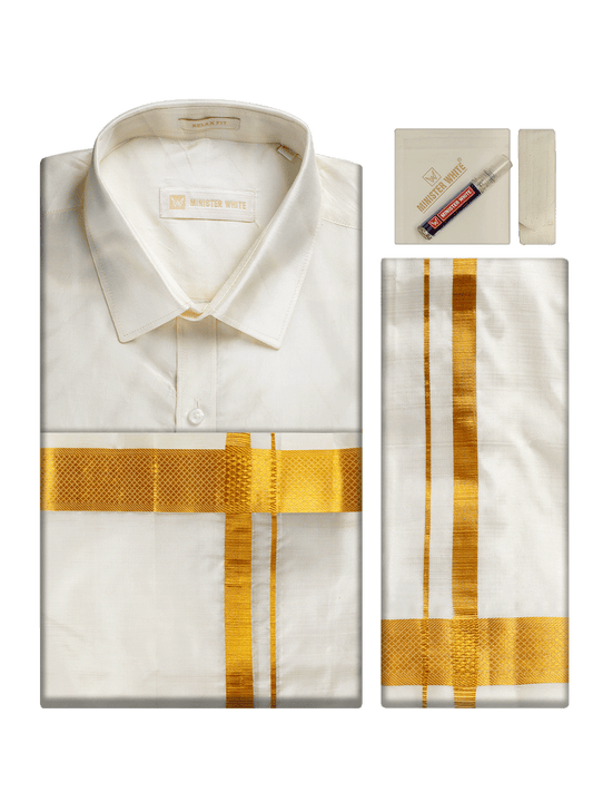 Men's Pure Silk Wedding Cream Shirt, Dhoti, Nerial with Belt Combo - Nesam 80K