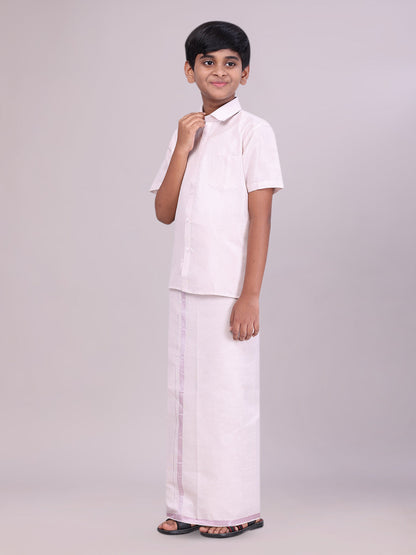 Kids Light Rose Color Tissue Shirt with Jari Dhoti Combo side pose