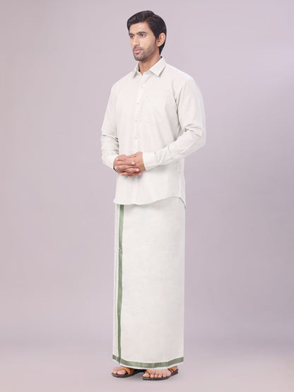 Men's Olive Green Color Tissue Shirt with Jari Dhoti Combo side pose