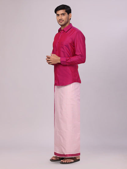 Mens Cotton Magenta Shirt with Tissue Matching Border Flexi Dhoti Wedding Combo Kandala