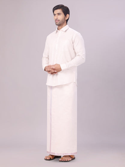Men's Tissue Light Rose Colour Dhoti Shirt Wedding Combo Maverick side pose