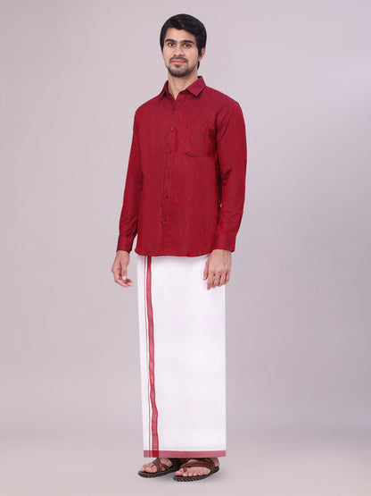 Men's Maroon Color Cotton Shirt with Matching Border Dhoti Combo side pose