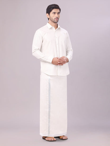 Men's Silver Color Tissue Shirt with Jari Dhoti Combo side pose