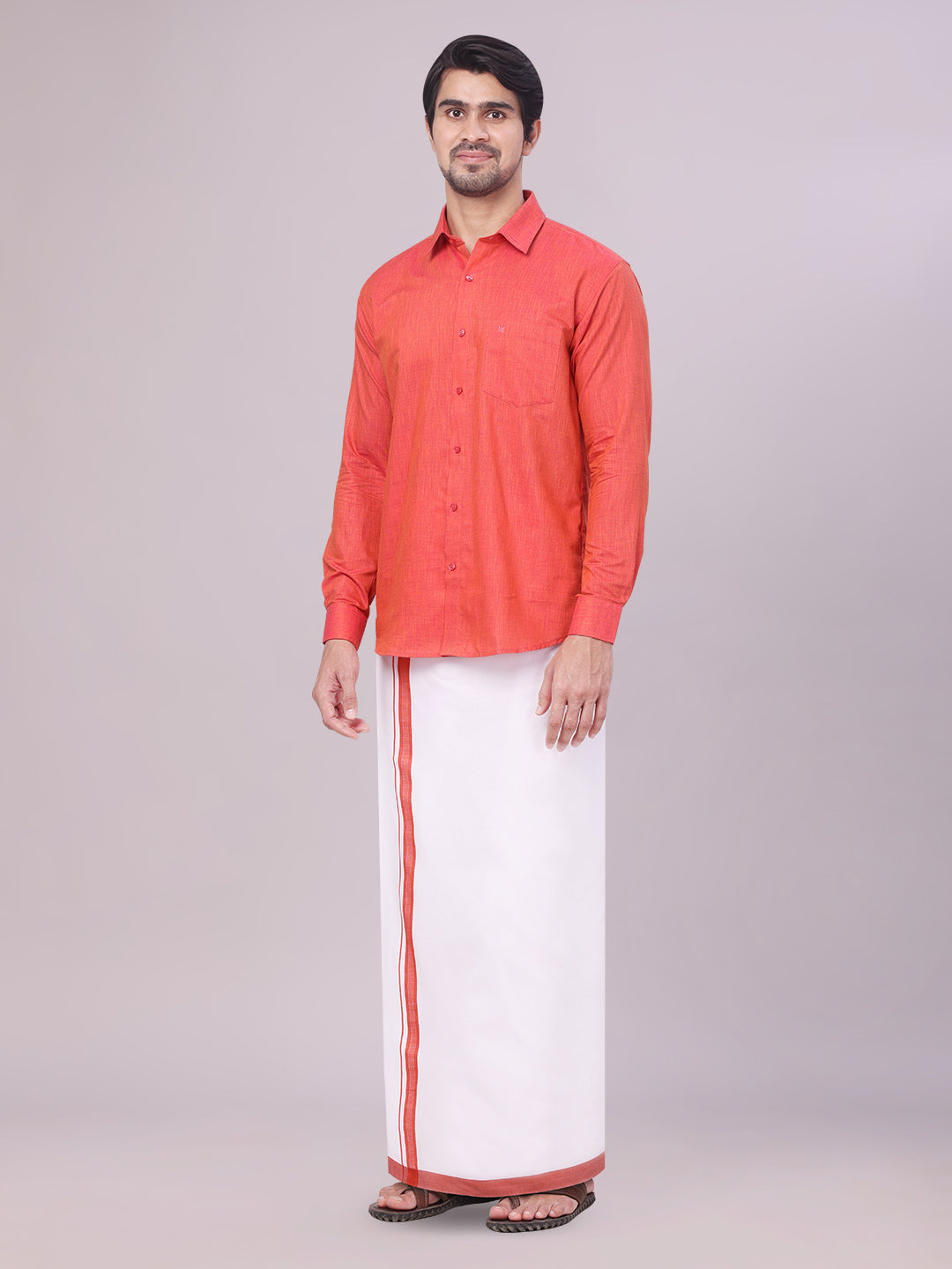 Father & Son Brick Color Cotton Shirt with Matching Border Dhoti Combo