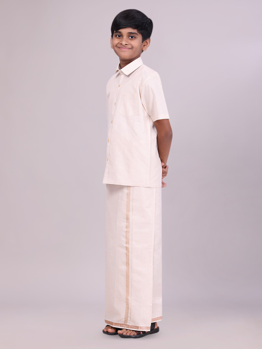 Kids Light Copper Color Tissue Shirt with Jari Dhoti Combo side pose