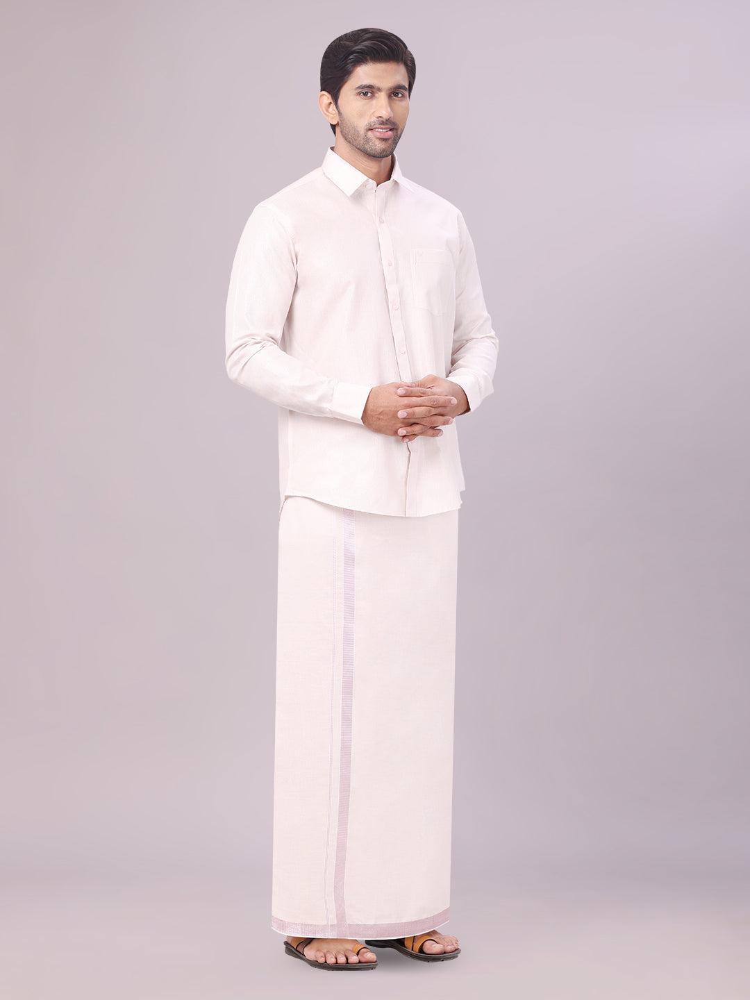 Men's Light Rose Color Tissue Shirt with Jari Dhoti Combo side pose