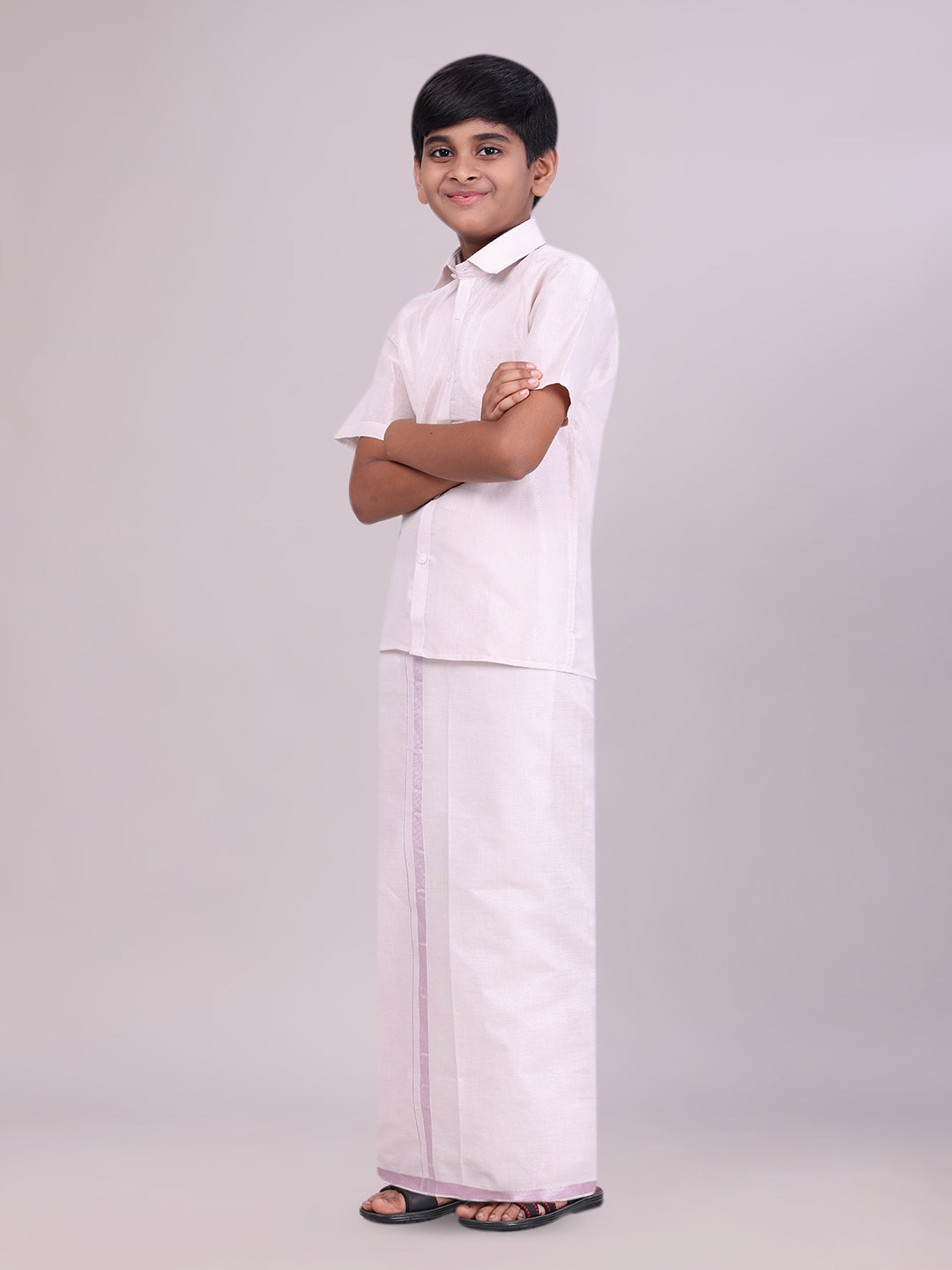 Kids Light Rose Color Tissue Shirt with Jari Dhoti Combo side pose
