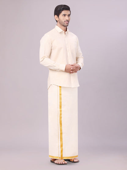 Men's Gold Color Tissue Shirt with Jari Dhoti Combo