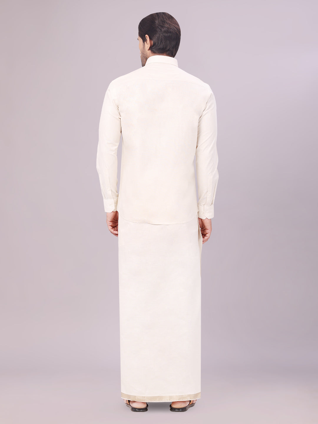 Men's Beige Color Tissue Shirt with Jari Dhoti Combo back pose