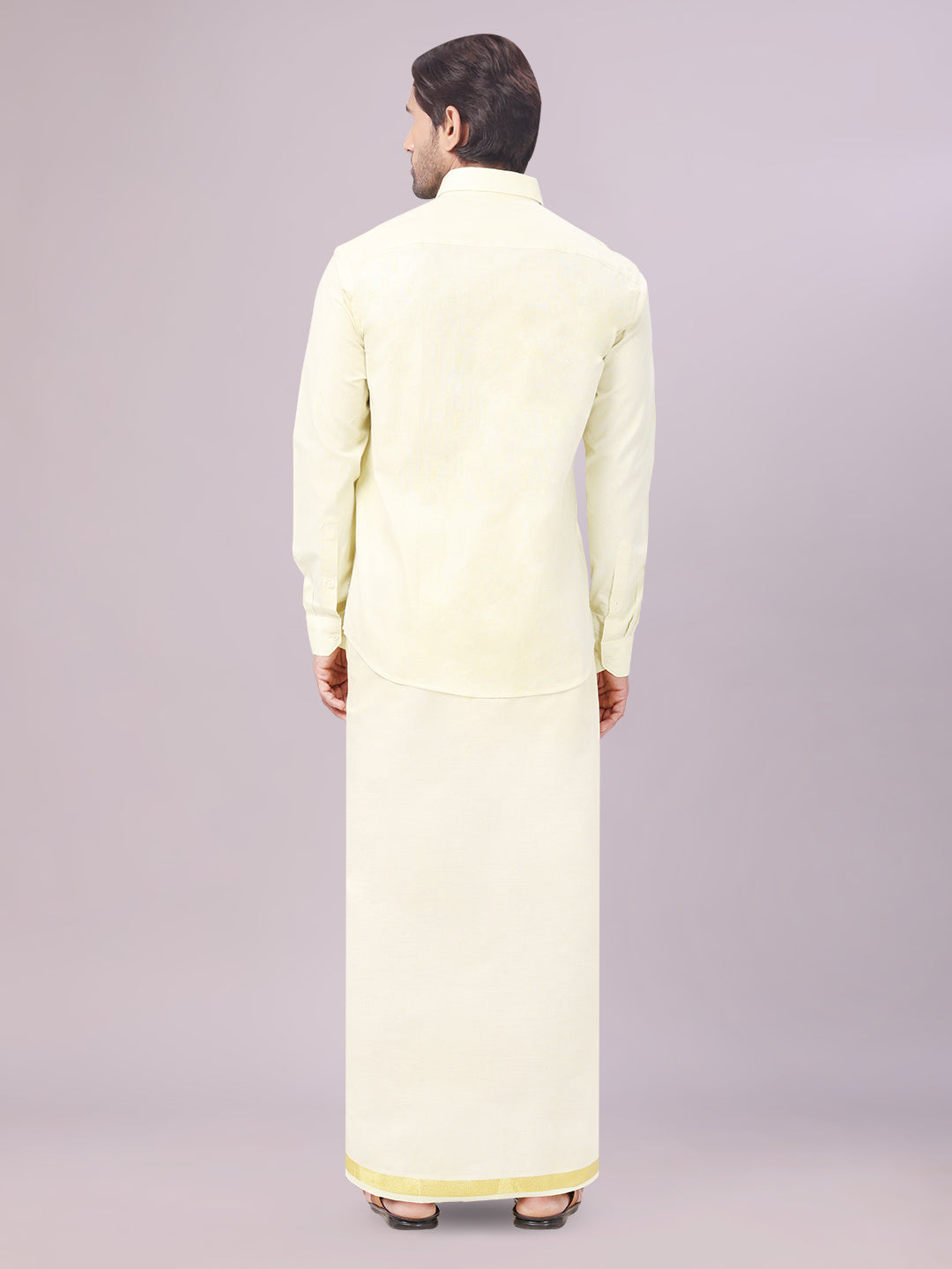 Men's Brass Color Tissue Shirt with Jari Dhoti Combo back pose
