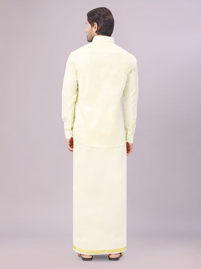 Men's Brass Color Tissue Shirt with Jari Dhoti Combo back pose