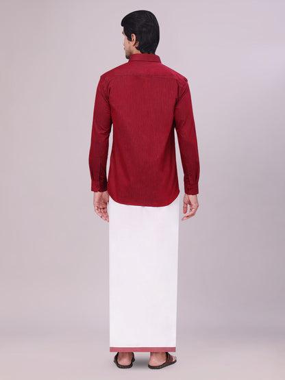 Men's Maroon Color Cotton Shirt with Matching Border Dhoti Combo side pose