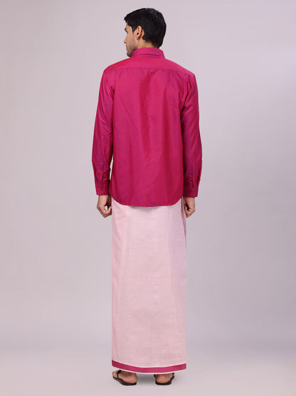 Men's Cotton Magenta Shirt with Tissue Matching Border Dhoti Wedding Combo Kandala back pose