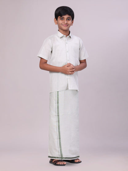 Kids Olive Green Color Tissue Shirt with Jari Dhoti Combo side pose