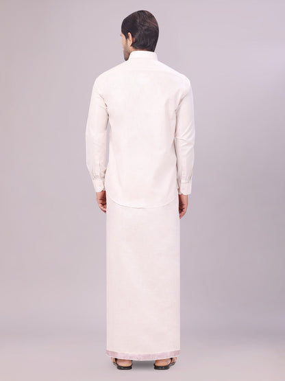 Men's Light Rose Color Tissue Shirt with Jari Dhoti Combo back pose