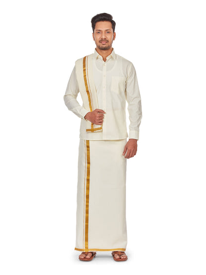 Mens Pure Cotton Wedding Cream Shirt with Flexi Waist Dhoti by Minister White