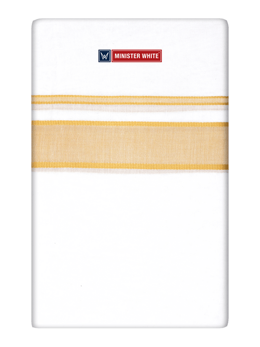 Mens Cotton White Double Layered Dhoti with Mustard Fancy Kara - Empuran by Minister White