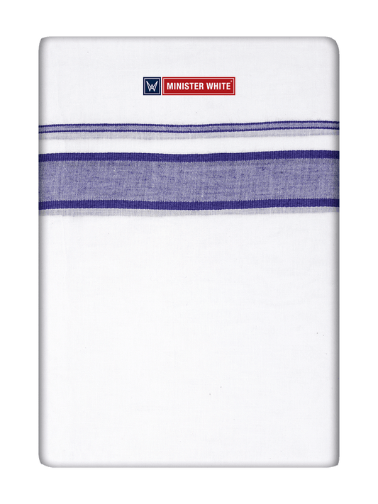 Mens Cotton White Double Layered Dhoti with Violet Fancy Kara - Empuran by Minister White