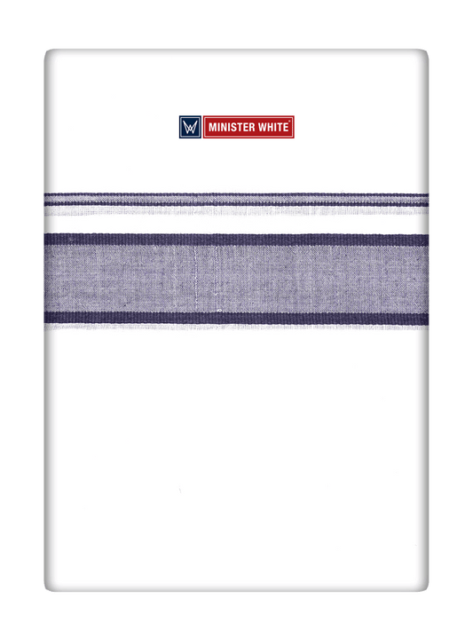 Mens Cotton White Double Layered Dhoti with Navy Fancy Kara- Empuran by Minister White