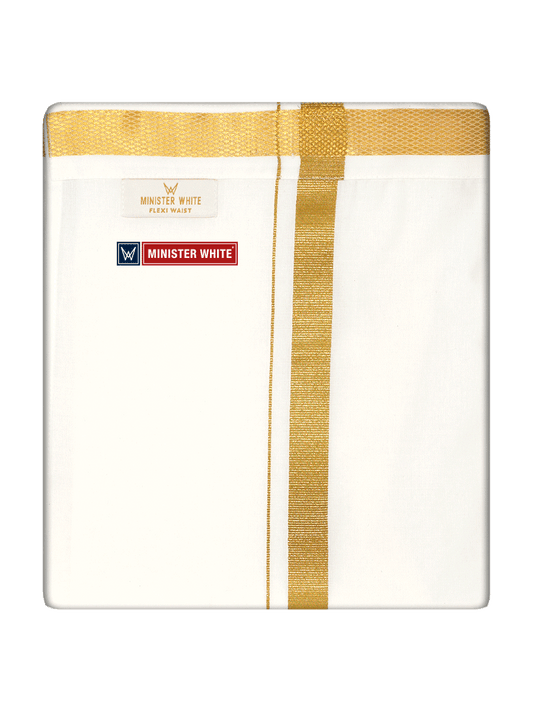 Mens Cotton White Double Layered Dhoti with Gold Jari Border - Genius Dbl by Minister White