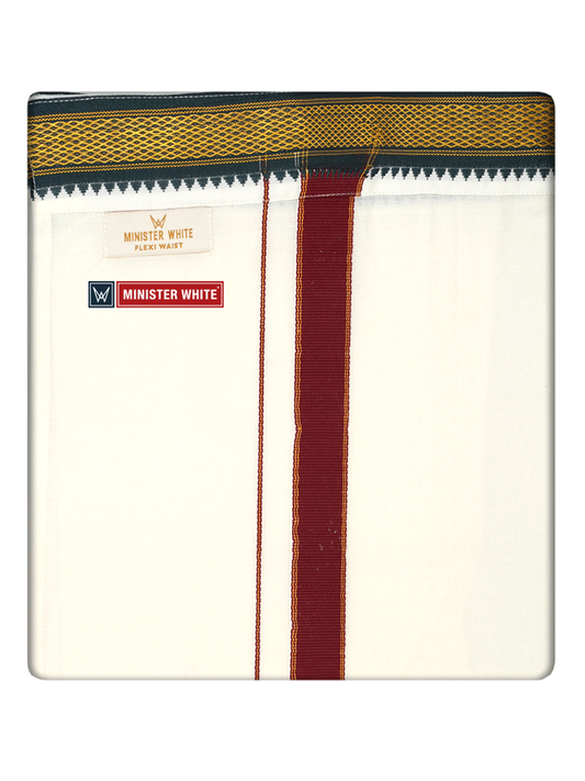 Mens Cotton Cream Single Layered with Mayilkhan Border Dhoti - Kelasam by Minister White