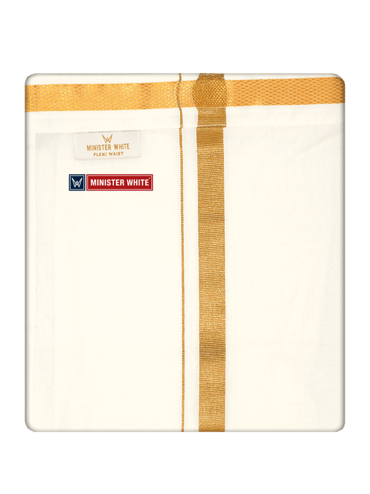 Mens Cotton Cream Double Layered with Gold Jari Velcro Pocket Dhoti - Energy by Minister White