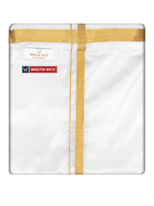 Mens Cotton White Colour Double Layered with Gold Jari Flexi Dhoti - Chairman by Minister White