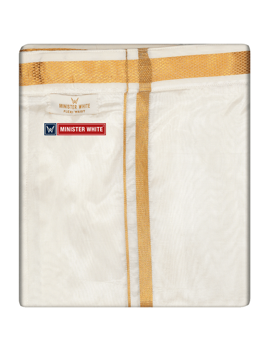Mens Cotton Cream Double Layered with Gold Jari Flexi Dhoti - Chairman by Minister White
