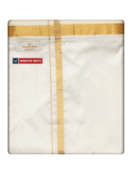 Mens Cotton Cream Double Layered with Gold Jari Velcro Pocket Dhoti - Trueman by Minister White