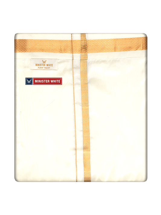 Mens Cotton Cream Double Layered with Gold Jari Velcro Pocket Dhoti - Royal by Minister White