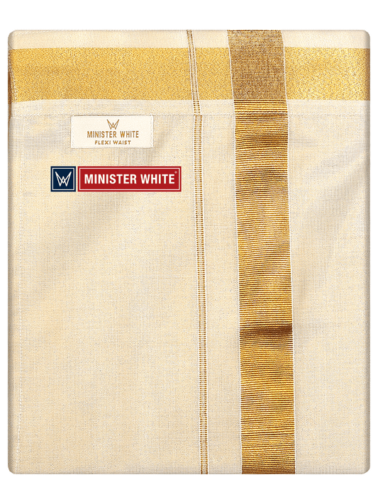 Mens Flexi Tissue Gold Colour Dhoti with Gold Jari Border Hero Tissue by Minister White