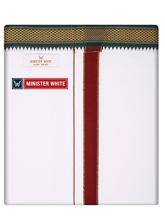 Mens Cotton White Colour Single Layered with Myilkhgan Border Flexi Velcro Dhoti - Garuda by Minister White
