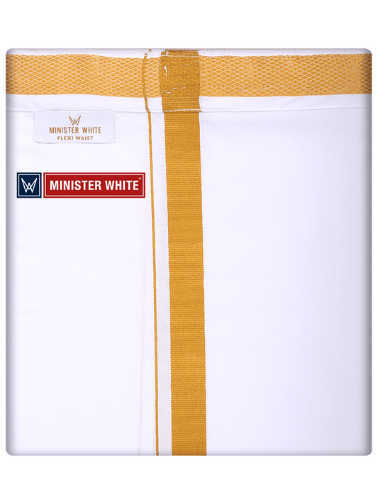 Mens Cotton White Colour Single Layered with Gold Jari Flexi Dhoti - Targus Sgl by Minister White
