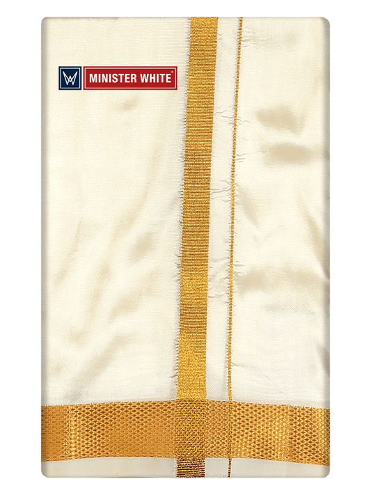 Mens Art Silk Cream Double Dhoti with 70K Gold Jari Border Gaya 70K by Minister White