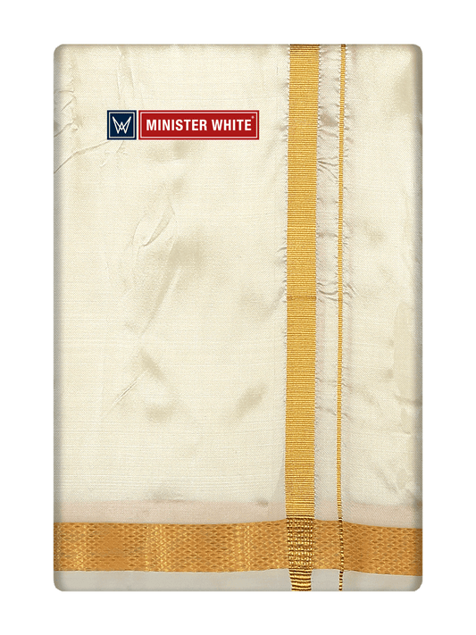 Mens Art Silk Double Layer Cream Dhoti with 50K Gold Jari Border - Prince 50K by Minister White