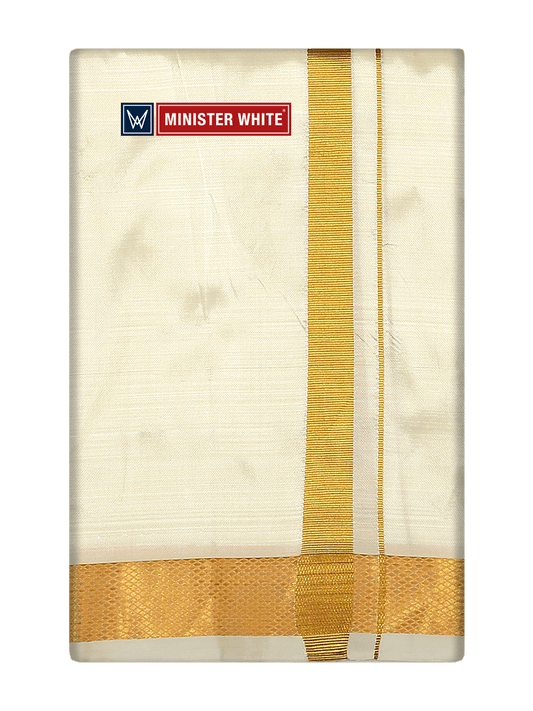 Mens Silk Mix Double Layer Cream Dhoti with 70K Gold Jari Border - Prince 70K by Minister White