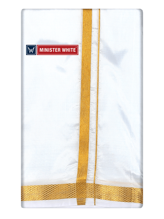 Mens Art Silk White Double Dhoti with 50K Gold Jari Border - Dharmashala 50K by Minister White