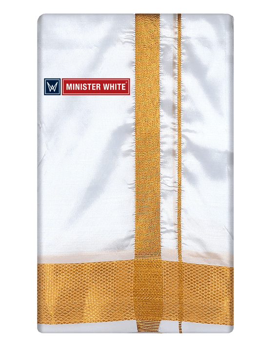 Mens Art Silk White Double Dhoti with 100K Gold Jari Border - Dharmashala 100K by Minister White