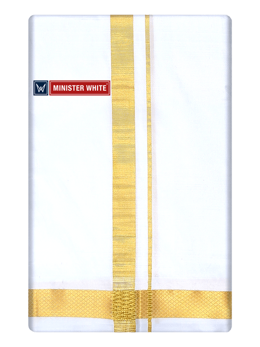 Mens Double Layer White Pure Silk Dhoti with 50K Golden Jari Border - Bheeshma 50K by Minister White