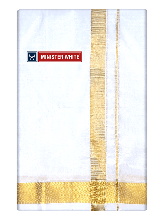 Mens Double Layer White Pure Silk Dhoti with 70K Golden Jari Border - Bheeshma 70K by Minister White