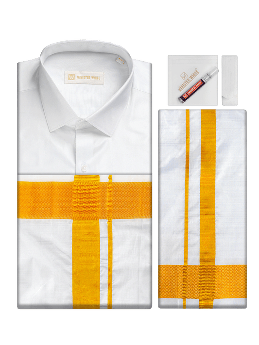 Men's Pure Silk Wedding White Shirt, Dhoti, Nerial with Belt Combo - Nesam 120K