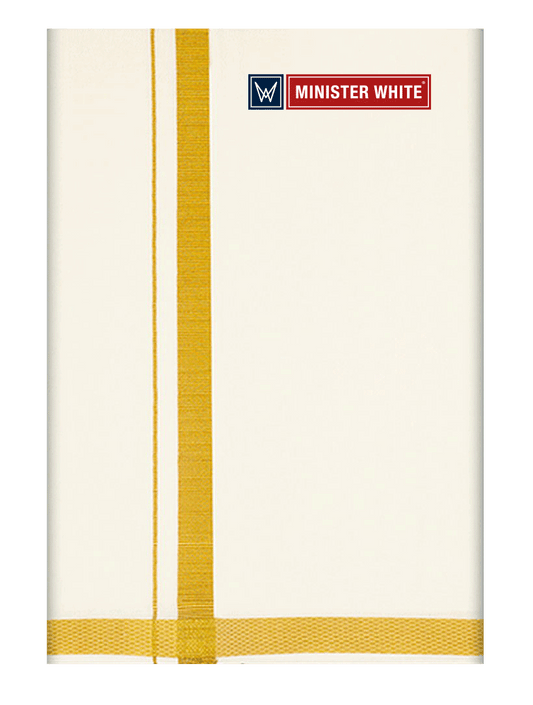 Mens Cotton Cream Double Layered Dhoti with 3/4" Gold Jari Border - Omkar by Minister White