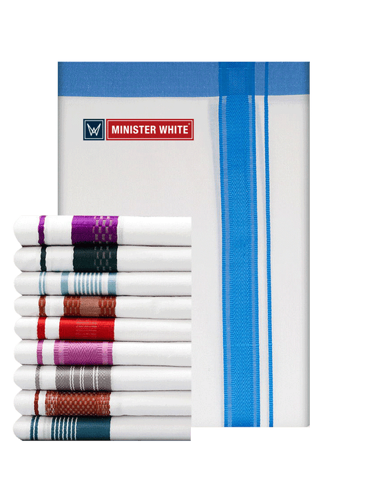 Mens Cotton White Single Layered Dhoti with Assorted Fancy Border - Ravivarma Mix by Minister White